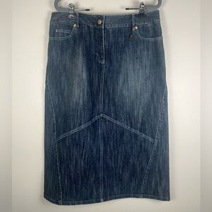 SIGRID OLSEN Denim Midi Skirt Size 12 Straight Stretchy Dark Indigo VTG NWT